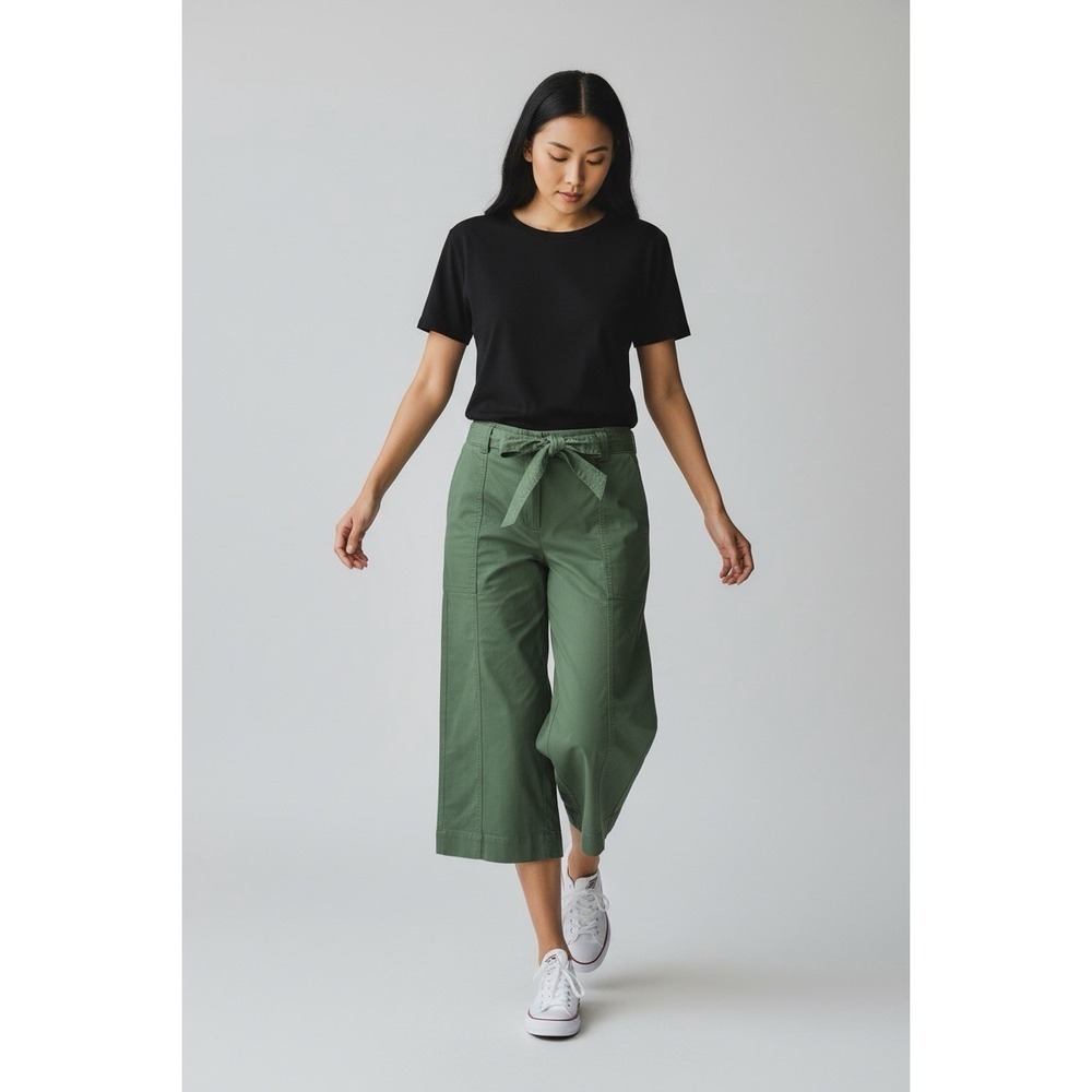 Chico's Petite 2 Twill Utility Belted Cropped Wide Leg Pants Olive Green NEW